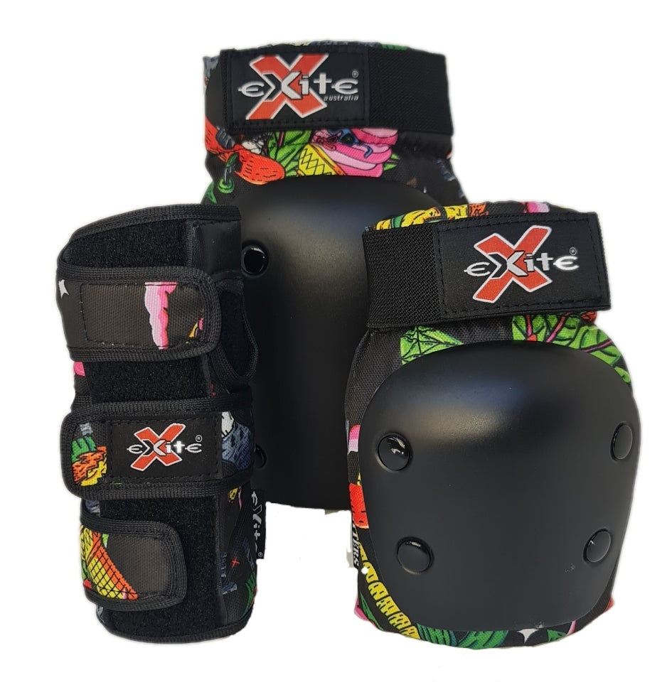 Exite Critters 3 pack kids - Knee, Elbow and Wrist Guards Protective pack -Jungle Skull